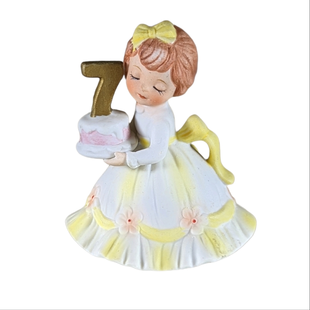 Lefton Vintage Birthday Girl Figurine Bisque Hand Painted Cake Topper Age 7